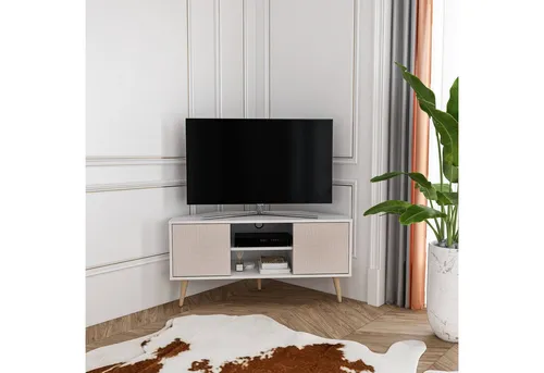Decorotika TV-Element Weiß, 120 cm - Stilvolles TV-Element aus Holzwerkstoff, ideal für Fernseher bis 55 Zoll. Mit praktischem Kabelmanagement und minimalistischem Design fügt es sich perfekt in jedes Wohnzimmer ein.