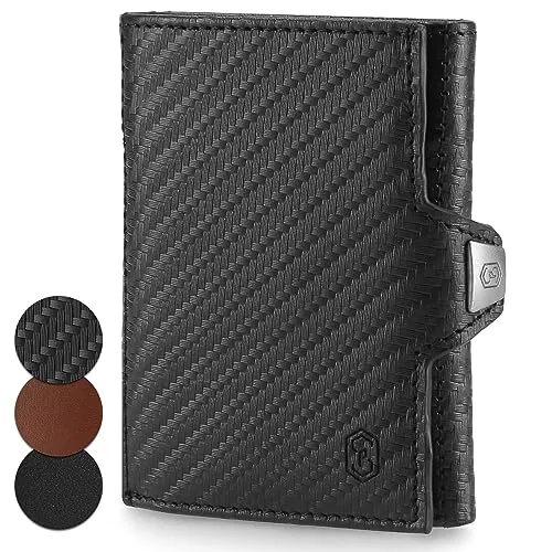 slimpuro TRYO Kleine Geldbörse Herren & Damen, Leder Portemonee mit Münzfach, Kartenetui, Geldbörse Männer, Druckknopf, Portemonnaie, Mini-Geldbörse mit Platz für mehrere Karten, Carbon