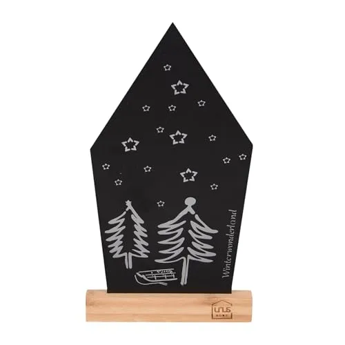 UNUS Aufsteller Winterwonderland Winterdeko in Hausform aus Metall mit Bambusfuß 29,5x16 cm Schwarz oder Weiß