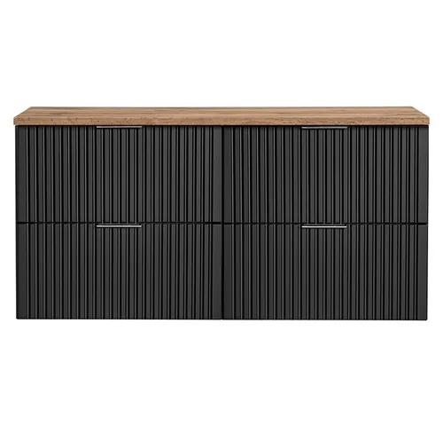 Lomadox Badezimmermöbel Waschtisch-Unterschrank 120cm - Unterschrank fürs Bad mit gerillter MDF-Front in matt schwarz und Eiche Nb., ausgestattet mit 4 Softclose-Auszügen für leises Schließen und elegantes Design.