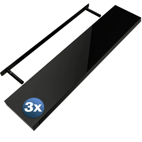 DeubaXXL DE Wandregal Schweberegal 110cm 3er-Set Hochglanz Schwarz + Halterung 997080
