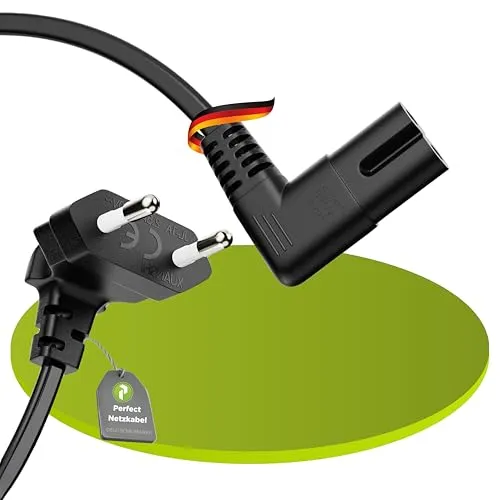 Perfect Stromkabel Netzkabel 2 Polig, 3,0m, Netzstecker Eurostecker Typ C auf Euro 8 Stecker IEC C7 Buchse, 90° Winkel Strom Kabel Netzteil für Haushaltsgeräte, PS3, PS4, PS5, TV UVM, Schwarz