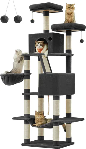 Feandrea Kratzbaum groß 206 cm mehrstöckig tintenschwarz - Kratzbaum für Katzen, 206 cm hoch mit stabilen Materialien und Kippschutz. Bietet Spielspaß mit 2 Höhlen, Hängematte und Kratzsäulen zum Schutz Ihrer Möbel.