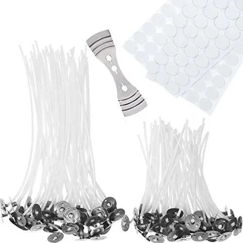 Kerzendocht, 100 Stück Vorgewachsener Kerzen Docht mit 100 Stück Doppelseitiger Punkt Dochtaufkleber und 1 Stück Wick Halter Sustainer für DIY Kerzen (10 cm und 15 cm)