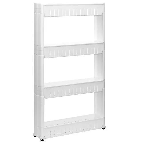 EYEPOWER Nischenregal - Schmales Regal auf Rollen mit 4 Ebenen - Badrollwagen für die optimale Aufbewahrung in kleinen Nischen, ideal für Toilettenpapier und Kosmetik. Mobil und leicht erweiterbar, perfekt für jede Ecke im Haushalt.