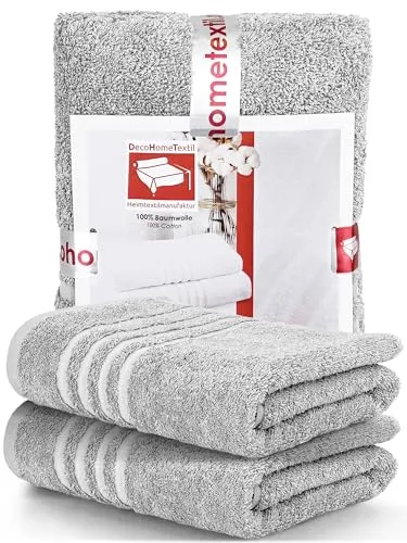 DecoHomeTextil Handtuch-Set 2 Badetücher in Hellgrau - Frottiertuch Sets aus 100% Baumwolle, kuschelweich und saugstark, ideal auch zum Verschenken, mit praktischer Aufhängeschlaufe.
