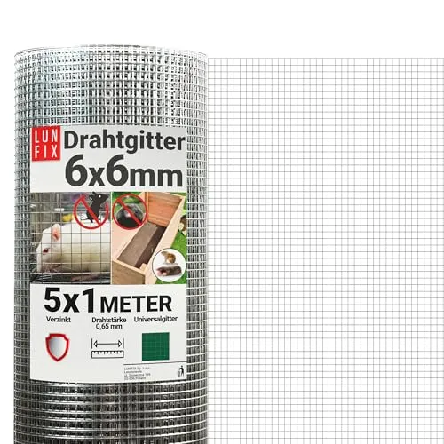 Drahtgitter feinmaschig 6x6 mm 0,65 mm – 1x5 m (100x500 cm) Hasendraht Wühlmausgitter Kaninchendraht Maschendrahtzaun Volierendraht Rödeldraht Kaninchenzaun Metall Hasengitter – Lun Fix