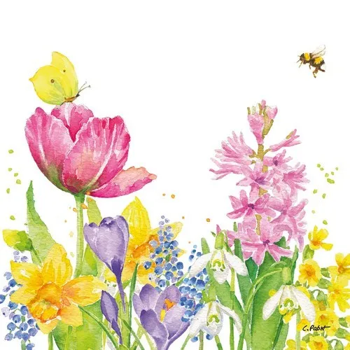 Servietten Butterfly & Bee Tiere Frühlingswiese Krokus Tulpen Blumen 33x33cm 20