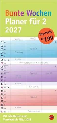 Produktbild Bunte Wochen Planer für 2 2027: Praktischer Wandplaner für zwei mit 3 Spalten. Wandkalender mit Schulferien und 3-Monats-Ausblick aufs Folgejahr. Terminkalender 2027 zum Eintragen.