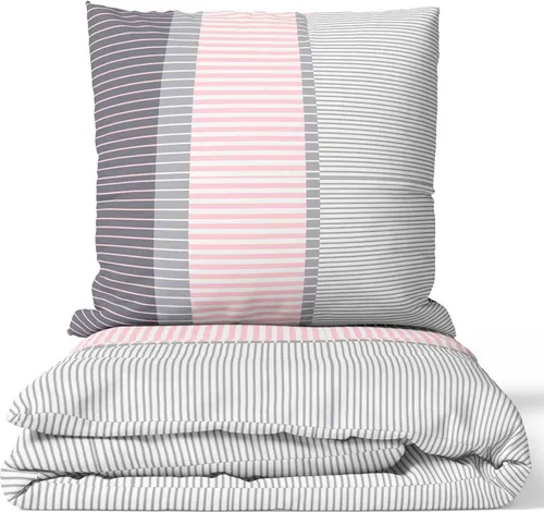 Mikrofaser Bettwäsche Set 155x220 80x80 cm Weiß Grau Rosa Gestreift mit Reißverschluss