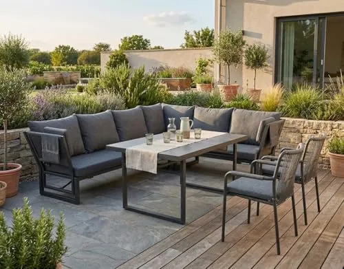 Eck Lounge Set San Remo XL anthrazit – Stilvolle Sitzgruppe für Garten und Terrasse - Lounge Set für den Garten mit modernem Design. Wetterbeständig und bequem, ideal für gesellige Abende. Inklusive Kissen für zusätzlichen Komfort. Maße: Tisch 145x85 cm, Sitzhöhe 43 cm.