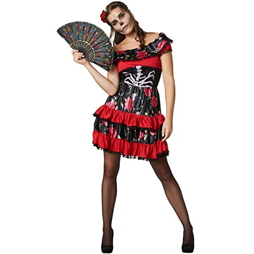 tectake® Frauenkostüm Gruselige Señorita - Kostüm für Halloween und Karneval, kombiniert lateinamerikanischen Flair mit gruseligem Design für einen unvergesslichen Auftritt.