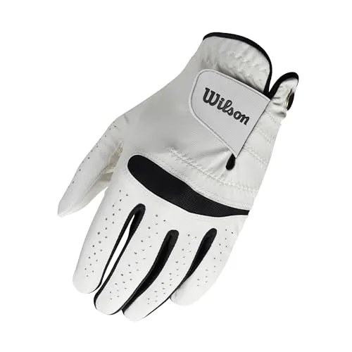 Wilson Feel Plus Herren-Golfhandschuh, Premium-Leder, Verbesserter Grip und Schweißkontrolle, Weiß/Schwarz, Größe L (Rechte Hand)