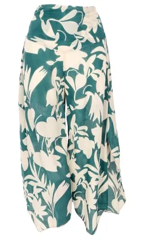 GURU SHOP Palazzohose - Weite Bedruckte Boho Sommerhose in Grün/Elfenbein - Damen-Hosen, leichte Viskose mit weitem Schnitt und elastischem Bund für optimalen Tragekomfort und einen lässigen Boho-Look.