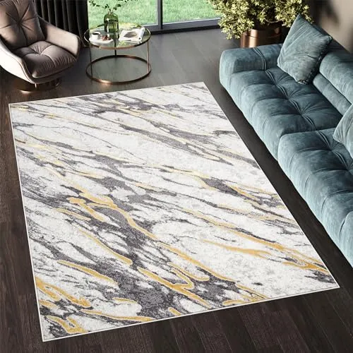 TAPISO Shine Teppich Kurzflor Abstrakt Creme Grau Gold Marmor Wohnzimmer Schlafzimmer 3D Optik Modern Design ÖKOTEX 80 x 150 cm