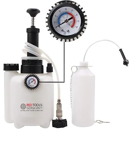 Red Tools 3L Bremsenentlüftungsgerät mit 1L Auffangbehälter – Bremsflüssigkeit wechseln leicht gemacht – für Auto & Motorrad – Einmann-Bedienung – Entlüftungsset E20 Ø44 mm – robust & umweltschonend