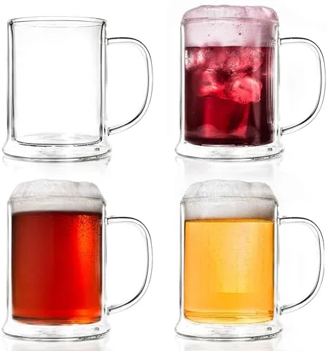 Creano doppelwandiges Bierglas 500ml, Thermoglas Beerglass, Bierkrug, Humpen (4X 500ml)