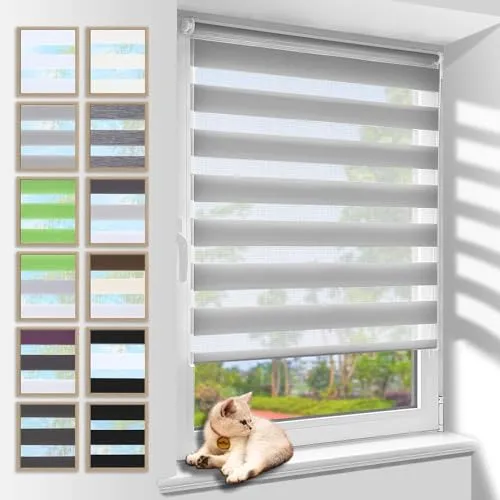 Zarnan Doppelrollo Klemmfix ohne Bohren Grau 60x150cm(Stoffbreite 56cm) Duo Rollo Blickdicht Zebrarollo Rollos für Fenster ohne Bohren für Wohnzimmer Küche Büro lichtdurchlässig und verdunkelnd