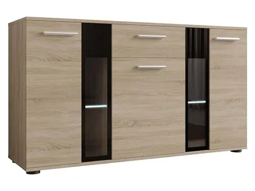 Mirjan24 Kommode Salsa Anrichte Highboard mit blauer LED Beleuchtung - Buffetschrank in Sonoma Eiche, hochwertig verarbeitet mit 1 Schublade und 3 Türen. Stilvolle LED-Beleuchtung in Blau für eine moderne Atmosphäre.