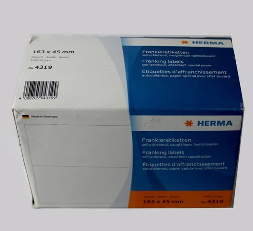Herma 4319 Frankieretiketten - 1000 Stück, 163 x 45 mm - Etiketten für alle gängigen Frankiermaschinen, selbstklebend, lösungsmittelfrei und Made in Germany. Perfekt für ein sicheres Haften und wischfeste Druckbilder.