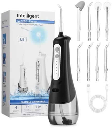 Munddusche Kabellos, Elektrischer Zahnreiniger, 4 Modi 9 Düsen USB-C Wiederaufladbare Wasser Flosser IPX7 Wasserdicht, 300ML Wassertank Mund Reiniger, Munddusche Testsieger für Reinigung auf Reisen