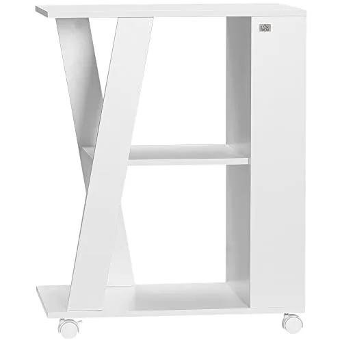 HOMCOM Küchenwagen aus Holz mit 2 offenen Etagen, Lebensmittelwagen mit feststellbaren Rädern, 60x38x77cm, weiß