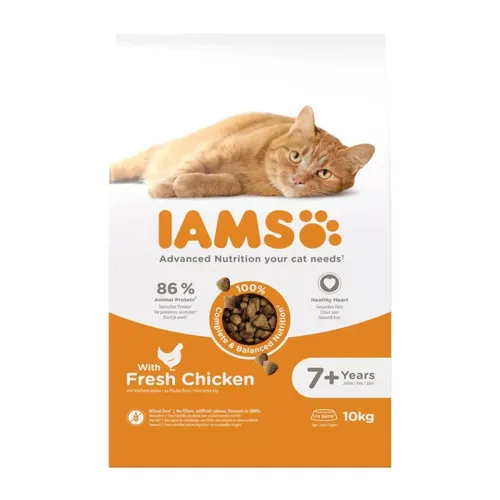Iams für Vitalität Trockenfutter für ältere Katzen mit frischem Huhn 10kg - Katzenfutter für ältere Katzen, unterstützt die Vitalität und enthält frisches Huhn für einen köstlichen Geschmack.