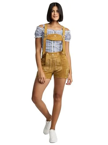 Steigenhöfer Manufaktur Trachtenlederhose Damen Shorts - 100% Rindsleder Hotpants - Trachtenhosen für Damen im traditionellen bayrischen Design, aus echtem Rindsleder mit verstellbaren Trägern und praktischen Taschen. Ideal für Oktoberfest und festliche Anlässe.