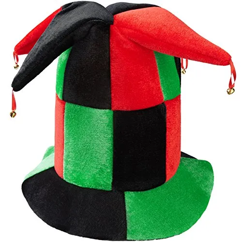 dressforfun 302062 - Großer Narrenhut mit Glöckchen, Narrenkappe mit grünen, roten und schwarzen Feldern, Vier Hörner an der Spitze mit goldenen Glöckchen