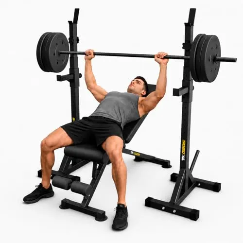 Trex Sport Hantelbank mit Gewichten Set | Klappbare Trainingsbank mit verstellbarem Hantelablage und Sicherheitsablage | Langhantelstange für Bankdrücken | Hantelscheiben 55 kg, Schwarz