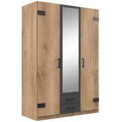 Carryhome Drehtürenschrank mit Spiegel, 135x199 cm - Kleiderschrank im Factory Style mit 4 Fächern und 2 Schubladen, ideal zur stilvollen Aufbewahrung von Kleidung und Accessoires. Hergestellt in Deutschland, bringt er Charakter und Funktionalität ins Schlafzimmer.