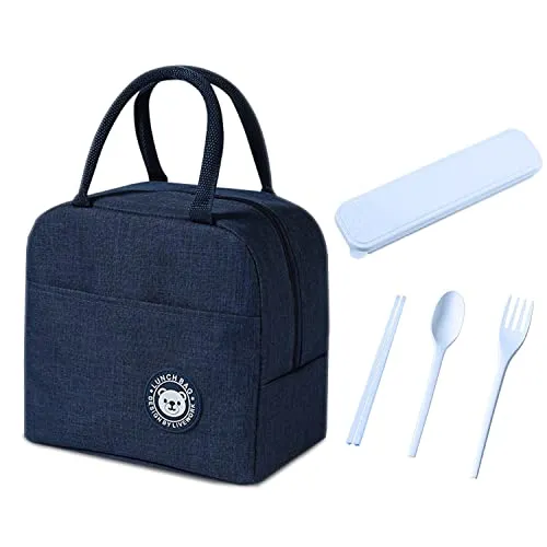 Stück isolierte Lunchtasche mit 3-teiligem Besteck, isolierte Tragetasche, faltbar, wasserdicht, isoliert, auslaufsicher, isolierte Kühltasche, tragbare Lunchtasche Arbeit,Picknick (Marineblau) 1