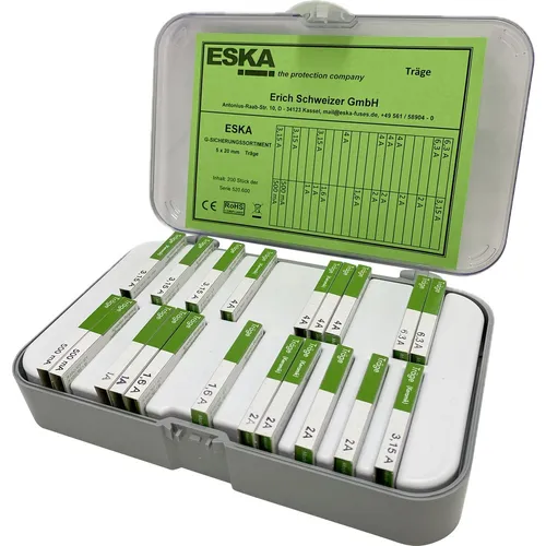 ESKA 522805 Sicherungs-Sortiment 200 St. - Umfassendes Sortiment mit 200 gängigen Sicherungen in 10 Typen. Ideal für den Schutz elektrischer Geräte, mit geprüfter Qualität und vielfältigen Stromstärken von 500 mA bis 6,3 A.