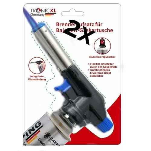 TronicXL 2 Stück Aufsatz Lötbrenner für Butan Gas Kartuschen - Löt brenner Gasbrenner Gasanzünder Lötlampe mit Piezozündung Bajonett Anschluss - OHNE Gaskartuschen