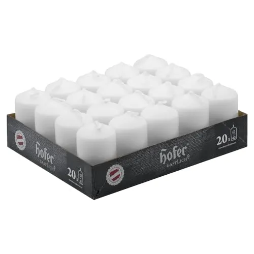 HOFER Stumpenkerzen 20 Stück Weiß – 4x7 cm – Tropffrei und Unparfümiert - Kerzen für Gastronomie & Events – Lange Brenndauer von 7 Stunden, ideal für Hochzeiten und Feiern. Hergestellt aus hochwertigem Paraffinwachs für sauberes, gleichmäßiges Brennen.