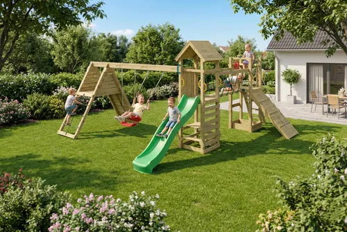 FUNGOO Spielturm Maxi Funny Carnival – Abenteuer für den Garten - Der Fungoo MAXI FUNNY CARNIVAL bietet einen aufregenden Spielplatz mit Rutsche, Schaukeln und Kletterwand. Ideal für kreative und aktive Kinder ab 3 Jahren – fördert Spiel und Bewegung im eigenen Garten!