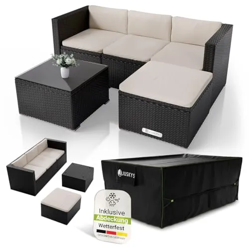Juskys Gartenlounge-Set Punta Cana – Polyrattan Sitzgruppe mit Tisch, Sofa und Hocker - Verwandeln Sie Ihren Außenbereich mit der stilvollen Gartenlounge „Punta Cana“ in eine Wohlfühloase. Die wetterfeste Sitzgarnitur bietet Platz für 3-4 Personen und ist ideal für gesellige Abende. Inklusive wasserdichter Abdeckung.