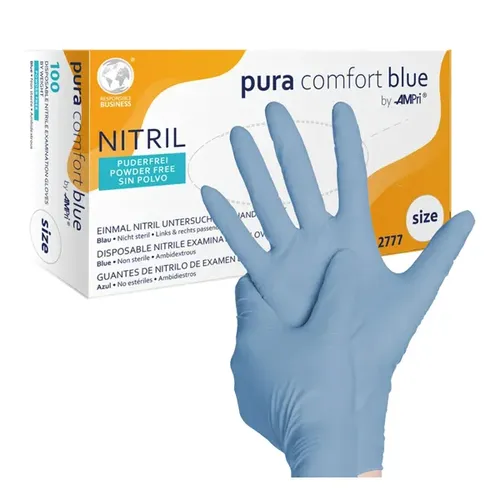 Nitrilhandschuhe Ampri pura comfort blue S Gr. 7 - Puderfrei, 100 Stück Box, sicher für den Kontakt mit Lebensmitteln und dicht gegenüber Mikroorganismen