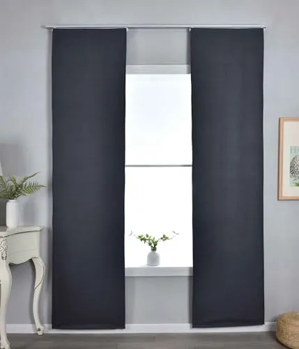 Gardinenbox 2er Set Flächenvorhänge »München Dark« Dunkelgrau 245x60 cm - Schiebevorhänge mit 100% Verdunkelung dank dreischichtiger Bindung und elegantem Fischgrätmuster, ideal für stilvolle Raumgestaltung.