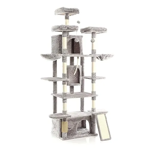 Fudajo Kratzbaum Grau mit 3 Katzenhäusern 198 cm - Aktivitätskratzbaum mit stabiler Konstruktion und 3 geräumigen Katzenhäusern für optimalen Komfort und Spielmöglichkeiten.