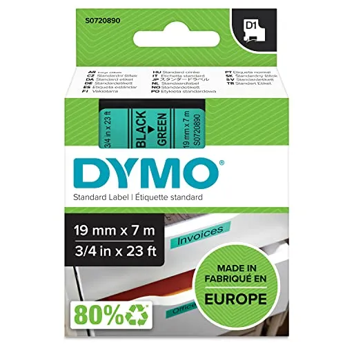 DYMO Original D1-Etikettenband | Schwarz auf Grün 19 mm - Computer-Etiketten für LabelManager – selbstklebend, ideal für saubere, ebene Flächen. Hohe Haftung und rückstandslose Entfernung, perfekt für Zuhause oder Büro.
