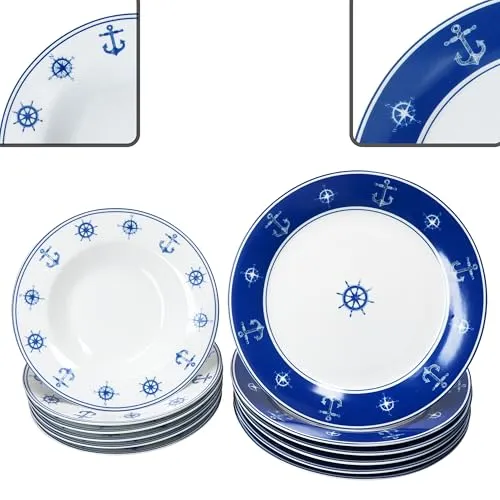 MamboCat Ahoi 12tlg Tafelservice - 12-teiliges blau-weißes Porzellan-Geschirr mit nautischen Motiven für 6 Personen, ideal für jeden Anlass. Robust, spülmaschinen- und mikrowellengeeignet, bringt maritimen Flair auf Ihren Tisch.
