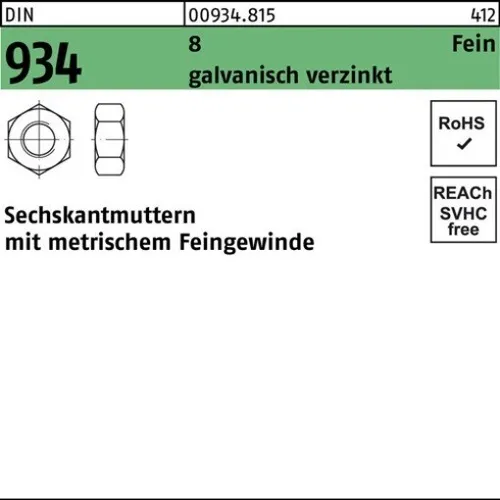 100er PACK(Stk)  000934081059100125 Sechskantmutter DIN 934 M 10 x 1,25 8 galvan