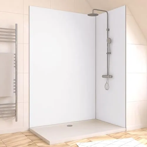 Marwell Urbanox Wandpaneel - fugenlose Aluverbundplatte als Duschrückwand & Küchenrückwand (Weiß, 90 x 210 cm inkl. Profil silber)