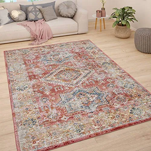 Paco Home Teppich Wohnzimmer Kurzflor Schlafzimmer Moderne Vintage Orient Ornament Muster Pastell Bordüre, Grösse:120x170 cm, Farbe:Rot 2