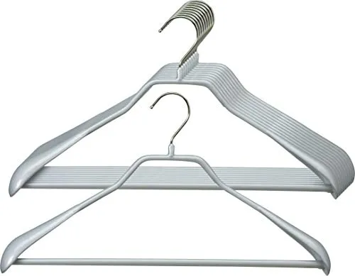 MAWA Universalbügel, 10 Stück, Universalbügel mit Hosensteg für Oberbekleidung, Mäntel, Jacken und Hosen, drehbarer Euro-Haken, hochwertige Antirutsch-Beschichtung, 42 cm, Silber