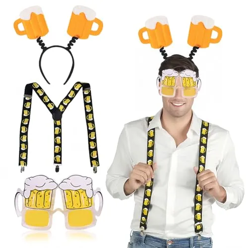 SYTTNUM Bier Stirnband und Bier Sonnenbrille für Oktoberfest,Oktoberfest-Hosenträger,Lustige Partybrillen,Bayrische Party Kopfbedeckung für Frauen Deko Bierfest Party Accessoires Bier Mottoparty
