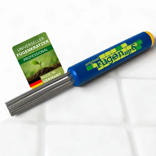 Fugen-Ups Fugenkratzer, der flexible Fugenreiniger - Unkrautstecher mit 2 cm Klingenbreite, passt sich jeder Fuge an und ist ideal zur effektiven Moosentfernung. Verlängerbar mit Besenstiel für zusätzliche Reichweite.