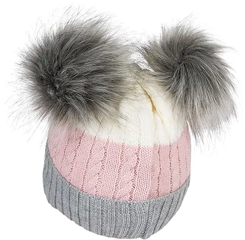 styleBREAKER Kinder Strick Bommelmütze 3-Farbig Gestreift, 2 Kunstfellbommel, Fleece Futter, 2-5 Jahre 04024204, Farbe:Grau-Altrose-Creme