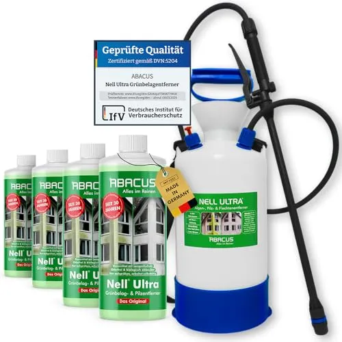 ABACUS Nell Ultra Algenentferner mit 7L Drucksprüher - Grünbelagentferner mit 5-Stunden Ergiebigkeit und Langzeitschutz, ideal für Terrassen, Einfahrten und mehr. Entfernt effektiv Algen und Grünbelag.